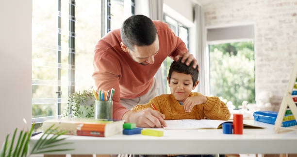 istock Home learning, father or kid in kindergarten studying for knowledge, education or growth development. Abacus, dad teaching or child writing, working or counting on numbers for math test in notebook 2047855366