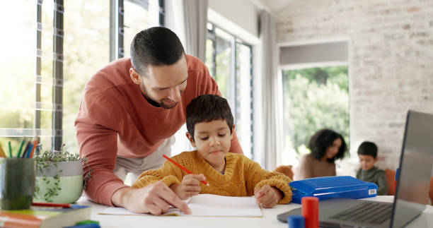 istock Home learning, dad or school kid in kindergarten studying for knowledge, education or growth development. Happy, father teaching or boy writing, working or counting numbers for math test in notebook 2047855369