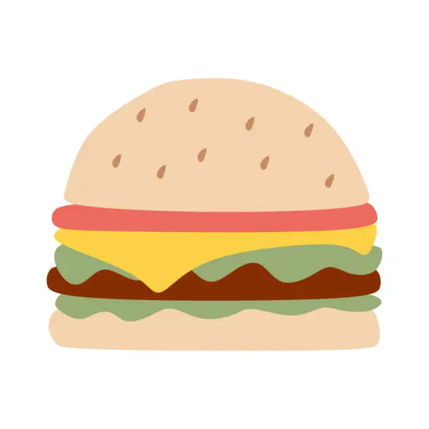 Vector illustration of Hamburger Flat icon on White background. Burger with Salad, Tomatoes, Cheese and Cutlet. Fast food. Vector Cartoon illustration. Meal for Picnic, BBQ. Eating Concept. Design art, Graphic object.