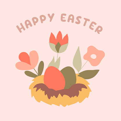 Easter Birds Nest with Painted eggs, Flowers and Text Happy Easter. Front view, Isolated Vector Flat Illustration. Greeting Card Template, Holiday Poster, Religious Celebration Decoration. Cartoon Art