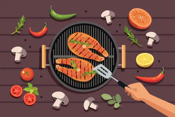 Vector illustration of Bbq grill party top view grilled fish salmon and vegetables.Man hand cooking steaks.Vector flat style cartoon illustration