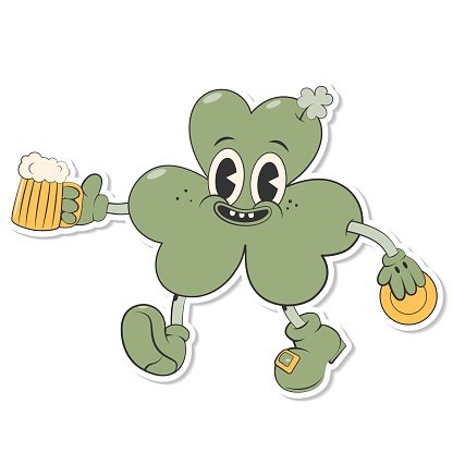 Trendy retro cartoon character clover with three leaf holding coin and beer.Happy Saint Patrick's Day sticker. Groovy style, vintage,70s 60s.Vector illustration EPS10.