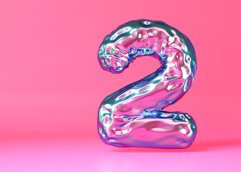 Holographic, shiny number two on pink, vibrant background. Symbol 2. Second birthday party, business anniversary. Festive event. Iridescent color, gradient. Modern trendy numbers. Copy space. 3D