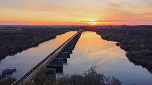 Moerputten old railway bridge in Den Bosch,  The netherlands during sunset by drone