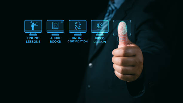 istock E-learning Education Internet Technology Webinar Online Courses concept. Businessman  encrypts login system online learning with fingerprint. 2047927500