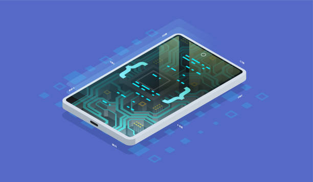 quantum phone, big data processing, database concept. digital chip, modern hardware of smartphone, isometric illustration. - iphone application software mother board mobile phone stock illustrations