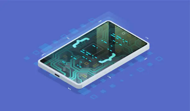 Vector illustration of Quantum phone, big data processing, database concept. Digital chip, Modern hardware of smartphone, Isometric illustration.