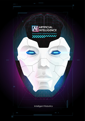 Robot or human Head enhancement. Machine learning and cyber mind domination concept. AI with Digital Face is learning processing big data, analysis information.