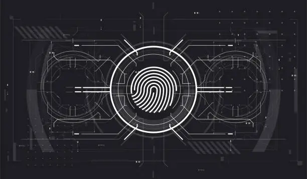 Vector illustration of Biometric id with Futuristic HUD Interface. Fingerprint Scanning Technology Concept Illustration. Identification System Scanning. Finger Scan in Futuristic Style.