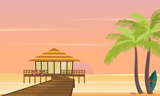 Beach hut or bungalow on tropical island resort with wooden bridge at sunset. Vector illustration.