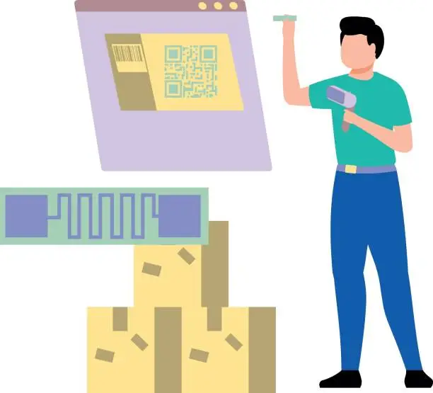 Vector illustration of Boy scanning products with barcode scanner.