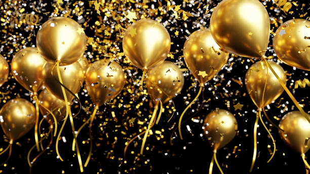 istock Gold balloons with foil confetti falling on black background 3d render 2047942906
