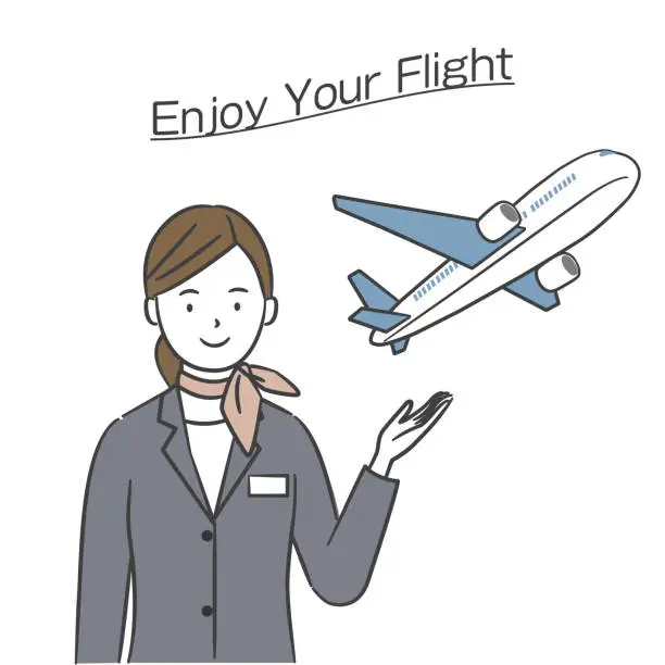 Vector illustration of Smiling woman flight attendant and airplane