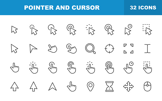 Pointer and Cursor Line Icons. Editable Stroke. Contains such icons as Touch Gesture, Selection, Computer Mouse, Arrow, Finger, Hourglass, Thumb, Mobile App, Interface Design, Touch Screen.