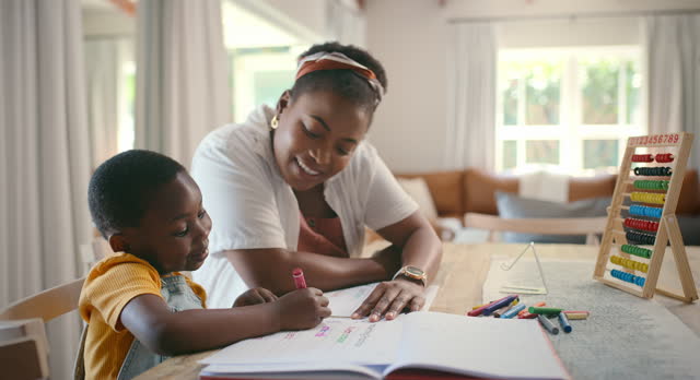 Homework, mother and girl with education, writing and bonding together with books and knowledge. Lounge, black family or mama with kid or child development with smile or learning with support or help