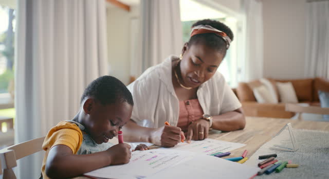 Homework, mother and girl with education, child development with books and growth. Lounge, family or mama with kid, inspiration or drawing with knowledge or learning with support, creativity or smile