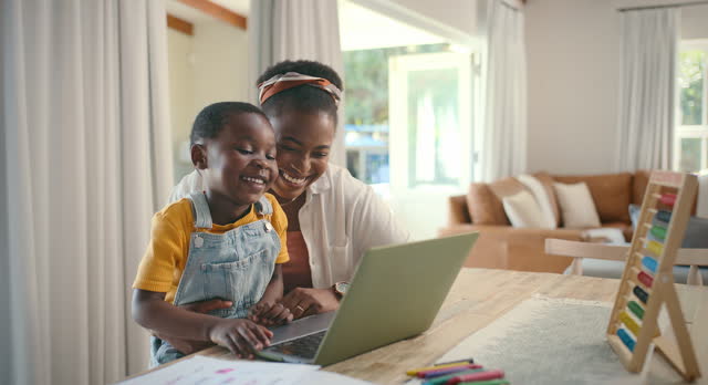 African mom, girl and learning with laptop for teaching, typing and happy with care, love and bonding. Computer, mother and daughter in black family home for online course, education and development