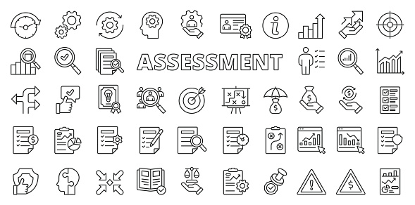 Assessment icons in line design. Assessment, data, analysis, compare, plan, analysis, testing, report, management isolated on white background vector Assessment editable stroke icons