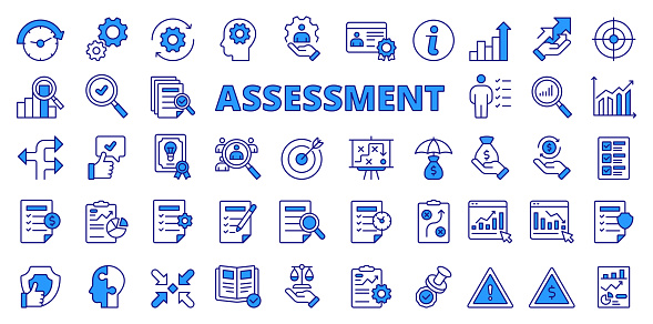 Assessment icons in line design, blue. Assessment, data, analysis, compare, plan, analysis, testing, report, management isolated on white background vector Assessment editable stroke icons