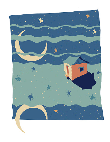 Ready-made isolated printed poster composed of an old hut with a red door, starry sky, stars, moon, clouds, reflections, wavy lines. Vintage color palette from the 60s, 70s, 80s.
