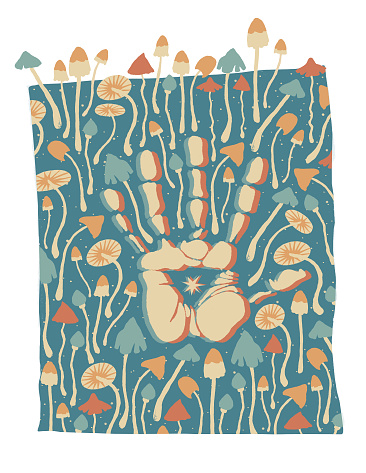 Ready-made isolated print poster composed of hand drawn psilocybin mushrooms, human handprint, starry background. Vintage color palette from the 60s, 70s, 80s.