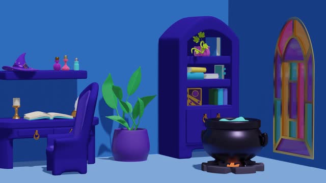 Interior of the wizard room with a cauldron. Abstract animation