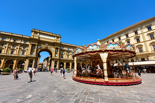 Florence, Italy - June 28, 2023: Carousel in the Piazza della Repubblica, Florence, Tuscany, Italy.