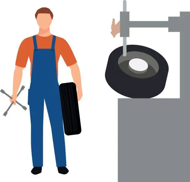 Vector illustration of The boy is holding a tire and a cross wrench.