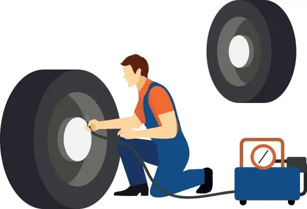 Vector illustration of The boy is filling the tire with air.