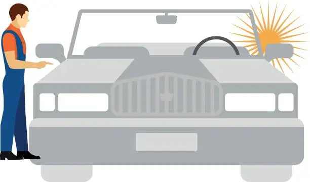 Vector illustration of The worker is looking at the car.