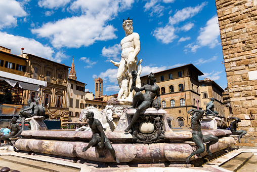 Florence, Italy - June 28, 2023: Fountain of Neptune, Piazza Della Signoria, Florence, Italy,