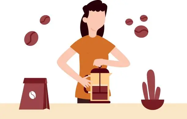 Vector illustration of A girl is making coffee in a coffee jug.