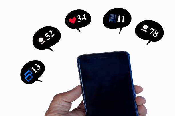 Concept of using a smartphone for social media, isolated on white.