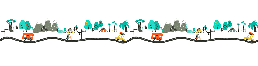 Hand-drawn banner features outdoor scenes campsites, mountains, forests, highways, on transparent backdrop. Vector seamless pattern border in sleek flat design. Nice for travel blog or web design.