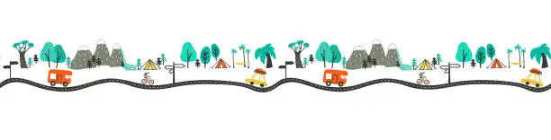 Vector illustration of Outdoor Escapes Cartoons Seamless Border