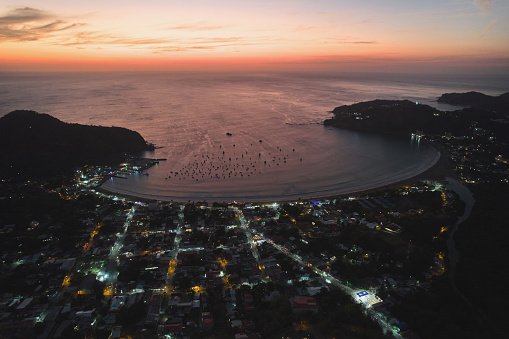 San Juan Del Sur at dusk time aerial drone view