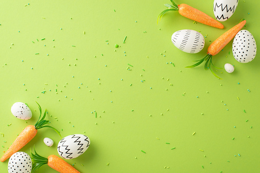 Captivating Easter top view scene: eggs in pastel hues, snacks for the bunny, and sprinkles on a light green base with empty space for individual greetings or promotions