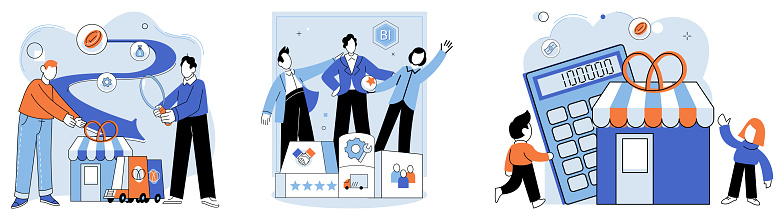 Family business. Vector illustration. Marketing strategies help businesses promote their products or services to target markets The market is dynamic ecosystem where businesses compete for customers