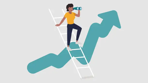 Vector illustration of Vector illustration of a woman standing on a ladder and looking into the distance with binoculars, in the background an ascending stock market curve - growth concept