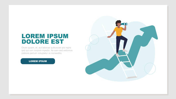 istock Vector illustration of a woman standing on a ladder and looking into the distance with binoculars, in the background an ascending stock market curve - growth concept 2048016547