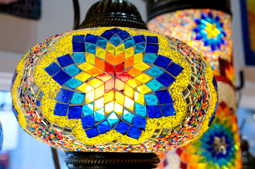 Multi-colored Turkish mosaic lamps on the ceiling market in the famous Grand Bazaar in Istanbul, Turkey. High quality 4k footage