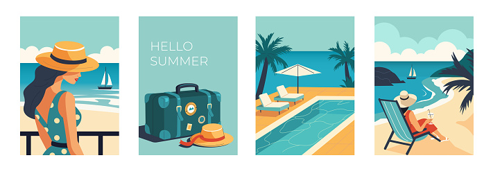 Summer holidays, travel and vacation concept set. Collections of retro style posters with woman  relaxed at the beach, vintage suitcase luggage and swimming pool. Vector illustration.