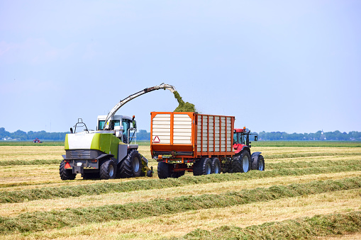Harvest grass with agricultural vehicles on a sunny day