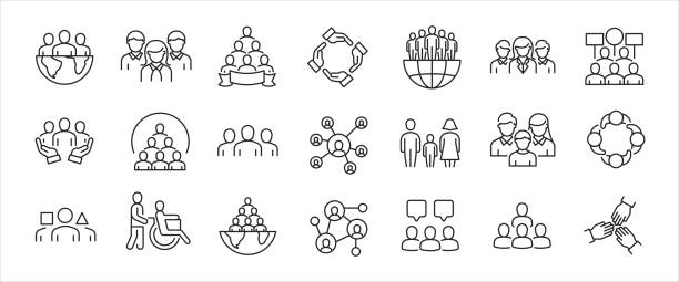 Society simple minimal thin line icons. Related teamwork, association, company, corporate. Editable stroke. Vector illustration.