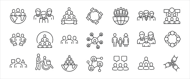 Society simple minimal thin line icons. Related teamwork, association, company, corporate. Editable stroke. Vector illustration.