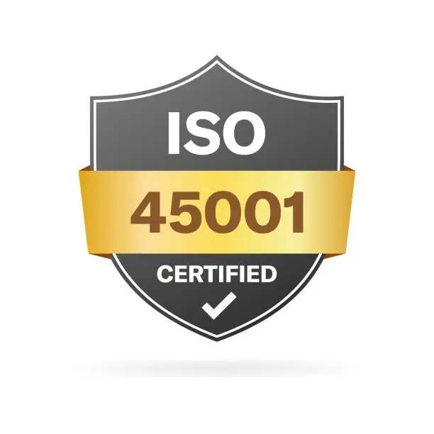 Vector illustration of ISO certified icon. ISO 45001 approved icon. Flat style. Vector icon