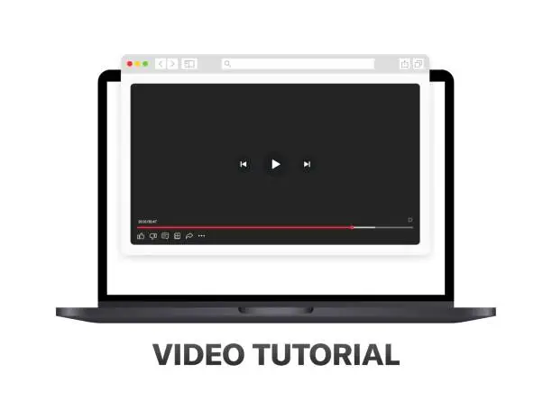 Vector illustration of Video Tutorial laptop icon. Video viewing player. Flat style. Vector icon