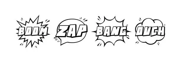 Vector illustration of Explosive banner icons. Boom, Zap, Bang, Ovch explosive bubbles icons. Linear style. Vector icons
