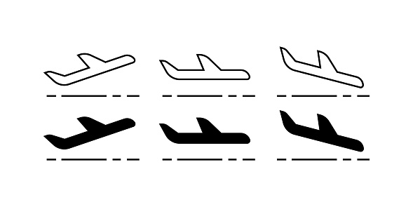 Airplane flight line icons. Takeoff, flight, descent airplane icons. Linear and silhouette style. Vector icons