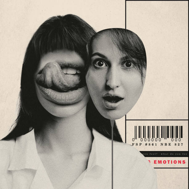 istock Changes in behavior. Woman expressing diversity of emotions, holding mask to hide hide real-self. Conceptual creative design. 2048042999